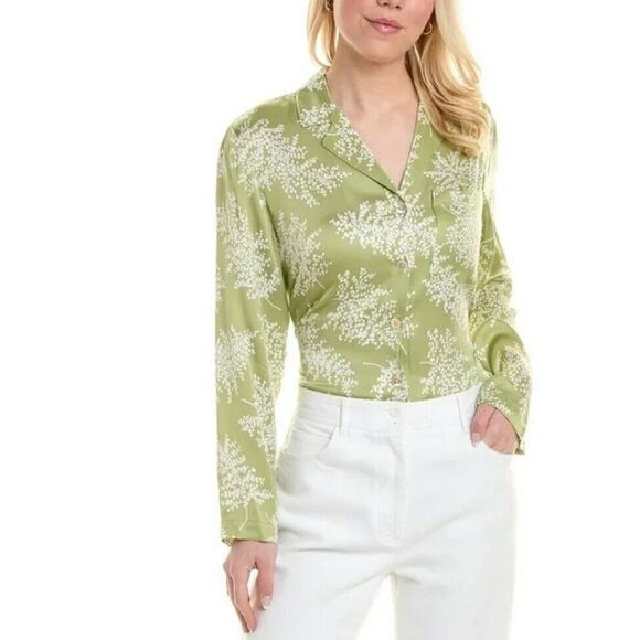 Rebecca Taylor Fleur Satin Shirt L Green Button Front Relaxed Career Party Work - Picture 13 of 13